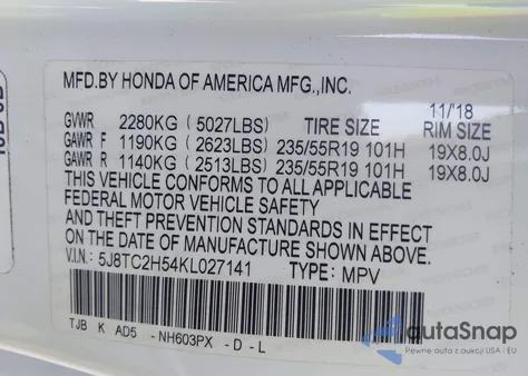 2019 Acura Rdx Technology Package из США, поврежденный, VIN 5J8TC2H54KL027141